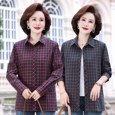 2026 Women's Spring/Fall Loose Cotton Plaid Lapel Shirt for Middle-aged & Elderly - Long Sleeve