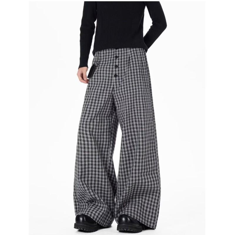 Classic Black White Plaid Button-Front Wide-Leg Straight Pants Men Women Lightweight Casual Trousers