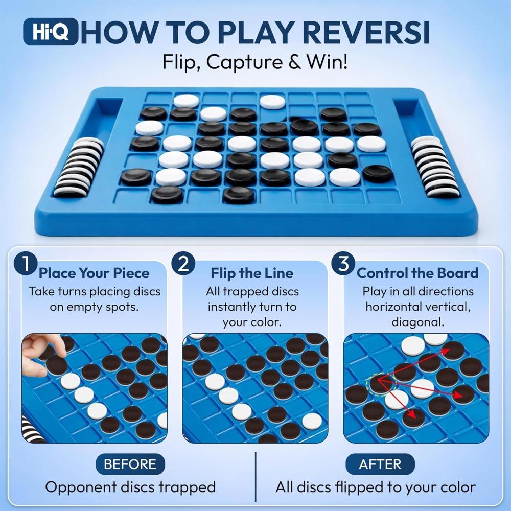Reversi Board Game for Kids & Adults 14x10x2 Inches – Othello Classic Board Game - with 64 Reversible Discs & Built-in Storage – Strategy Board Game