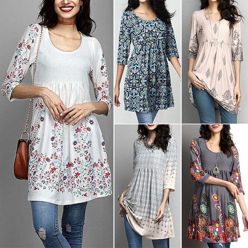 Elegantes Plus Size Damen Druck Langarm Mini Kleid T-Shirt Tunika Herbst S-5XL