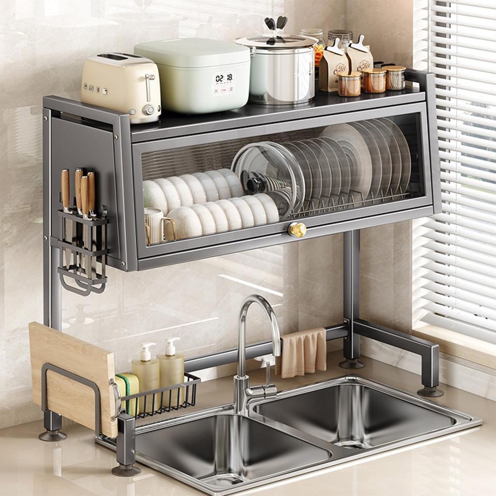 Sameyo Plat sur 2 Plats Plat Plat Assiette Baguette Planche à découper Couteau Détergent Éponge Rangement de cuisine multifonctionnel Anti-poussière Grand Cuisine