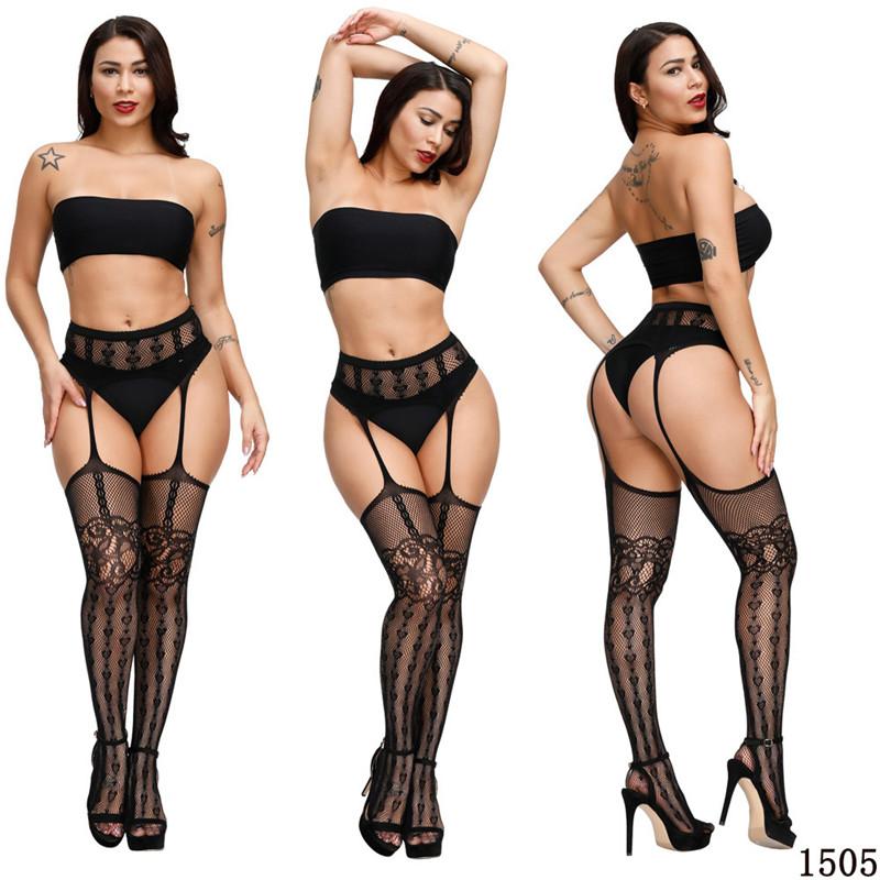 Sexy High-Waist Fishnet Stockings with Garter Belt Transparent Crotchless Pantyhose Plus Size Women's Lingerie