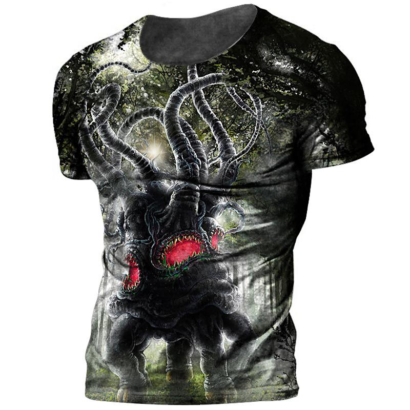 Şık erkek tişört Cthulhu Efsane 3D Baskı Terör Canavar Büyük Boy O-Boyun Üst Yaz Moda Rahat Günlük Nefes Alabilen Kumaş