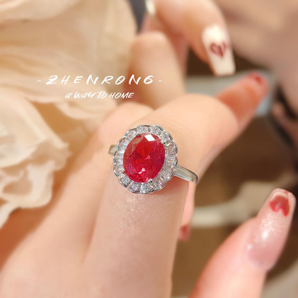 Fashion Color Treasure Red Corundum Ring Light Luxury Temperament Versatile Drainage High Carbon Diamond Women'S Ring
