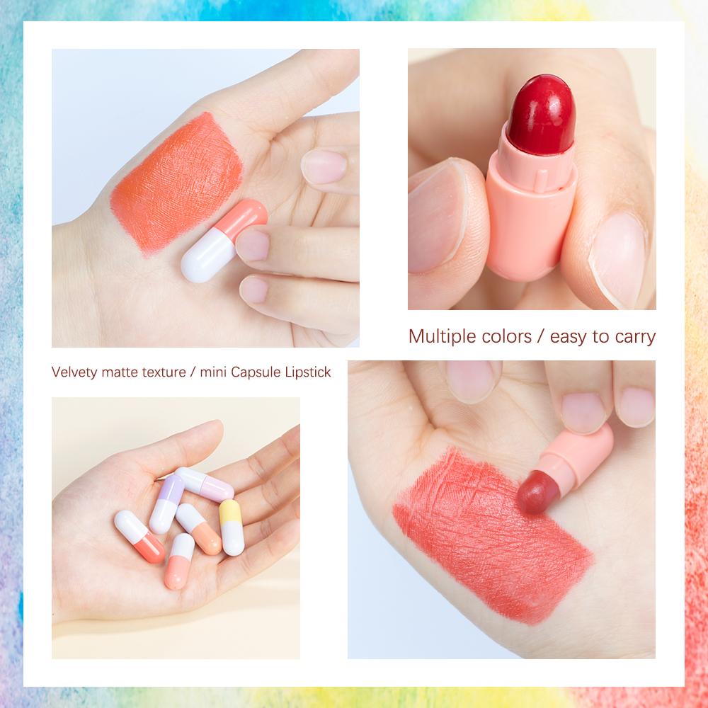 6pcs/set Mini Cute Capsule Lipstick Set with Lip Balm Moisturizing Waterproof Non-stick Cup Carry Pill Lipstick Lips Makeup Gift