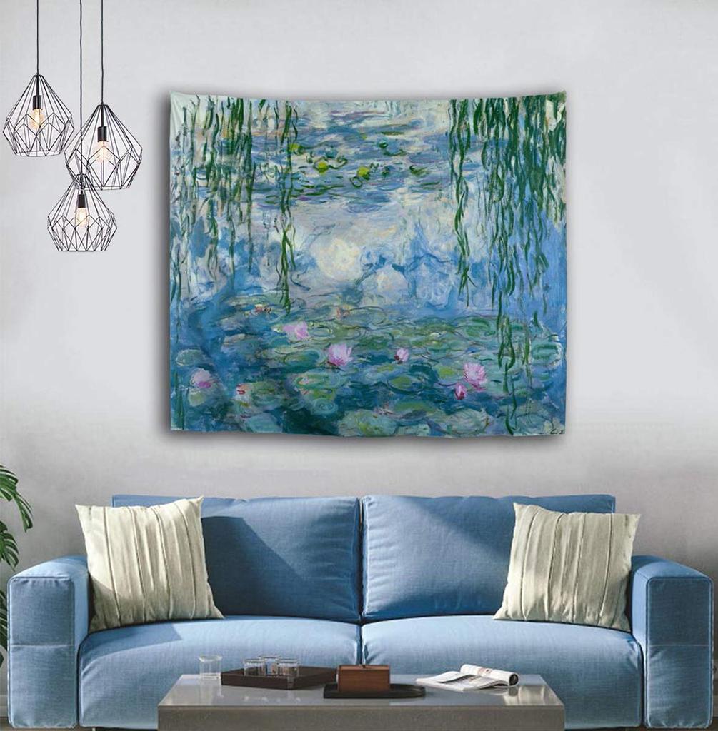 VIKAMA Monet Water Lilies Oil Painting Tapestry Impressionist Art Style Wall Hanging for Living Room Study Homestay Decor
