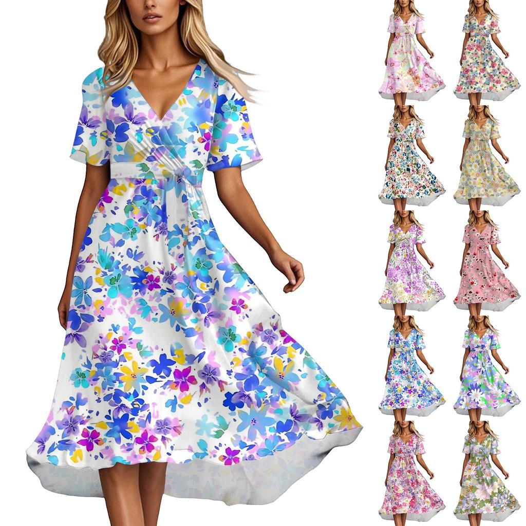 Women's Summer Fashion V-Neck Flared Dress Short Sleeve Floral Dresses