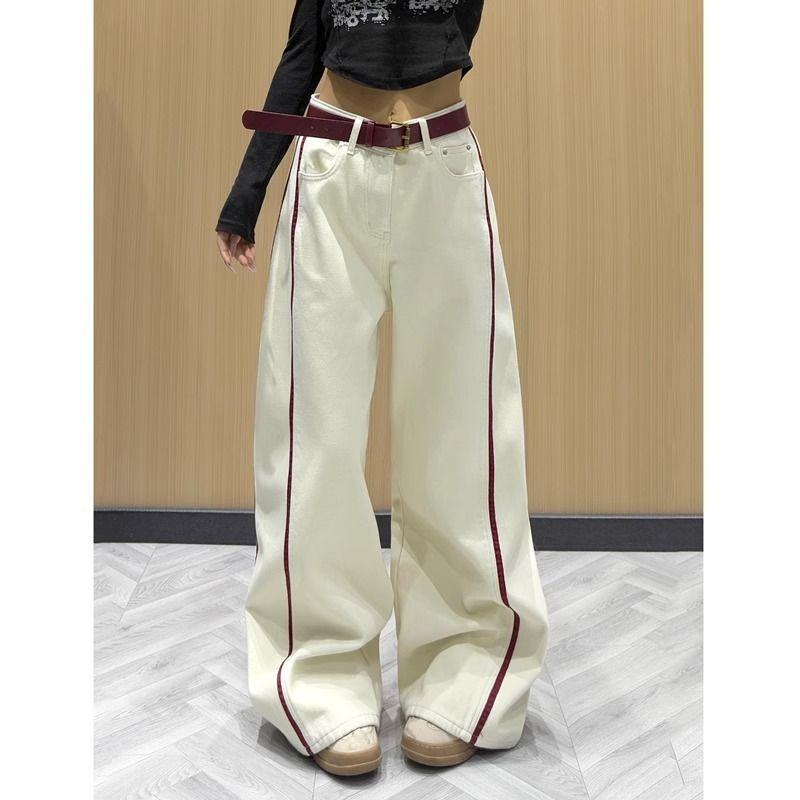 

Trendy Women s High-waisted Wide-leg Jeans, Contrast Red Stripes & Embroidered Details, Casual Jeans for Daily Wear & Urban Styling 5XL