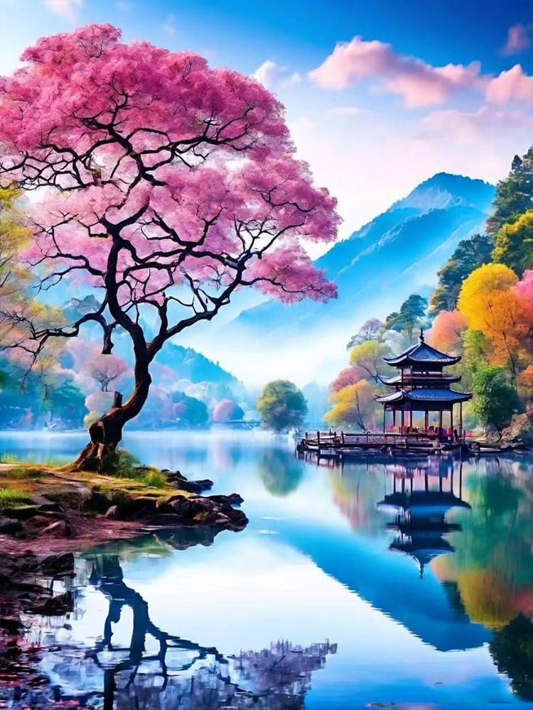 5D DIY Diamond Painting Landscape Mosaic Landscape Mountains and SeasSakura Tree Cross Embroidery Home Wall Art Decoration