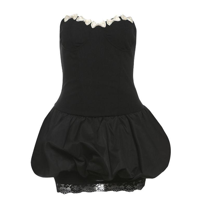 

# Sisjuly# Korean Series Niche Design Contrast Color Bow Tube Top Dress Women Tight Waist Slimming Pettiskirt Black L