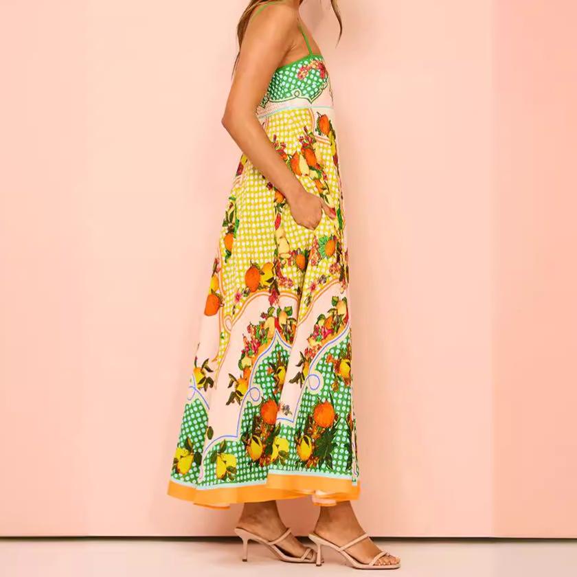2025 European & American Women's Summer Sleeveless High-Waist Swing Dress with Sexy Suspender & Print Design