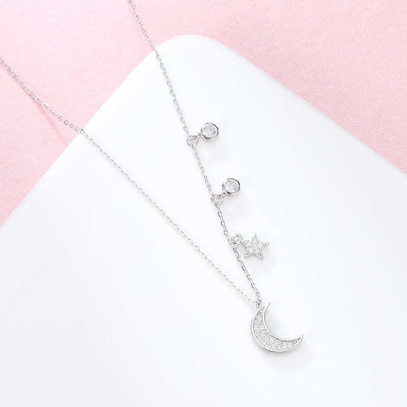 S925 Sterling Silver Star & Moon Zirconia Necklace for Women - Fashionable European & American Clavicle Chain 925 Silver платиновый
