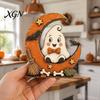 Retro Rustic Tiered Tray Decor Halloween Pumpkin Witch Cat Ghost Figurines with Crescent Base, Spooky Collectible Gift for Enthusiasts Wooden Tabletop