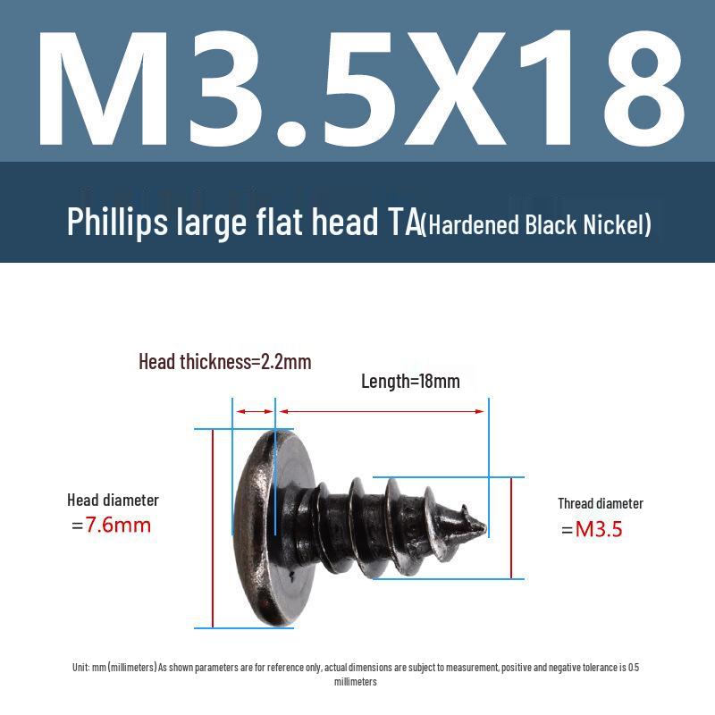 Yigu Black Nickel Hardened Phillips Flat Head Self-Tapping Screws M3-M5, Carbon Steel, Coarse Thread, Pointed Tail