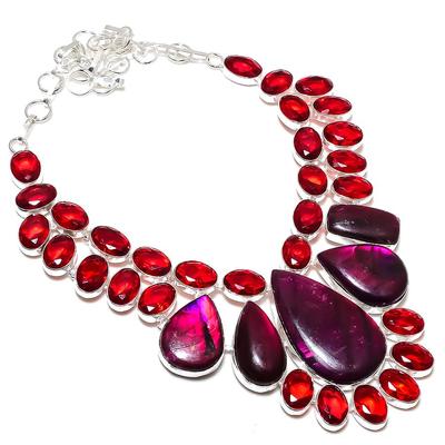 Natürlicher lila Labradorit, Granat 925 Sterling Silber Schmuck Halskette 18" P5A45