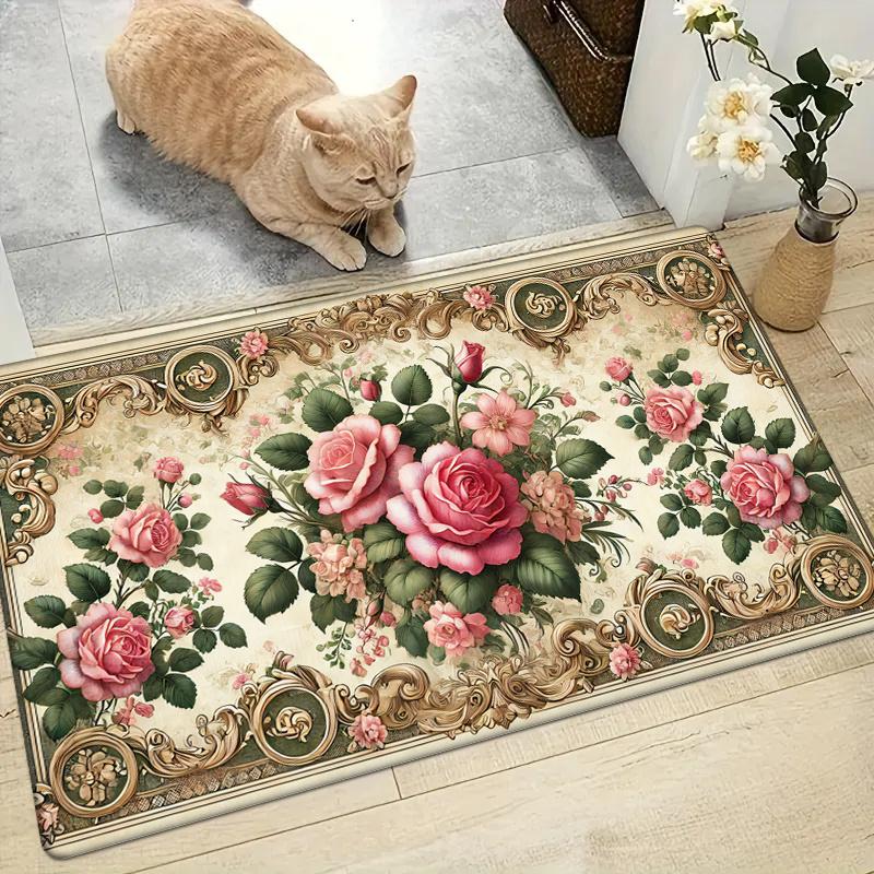 VIKAMA Flannel Rug Mat Romantic Rose-Style Versatile Home Decor Rug Machine-Washable Hallway Rug Home Decor