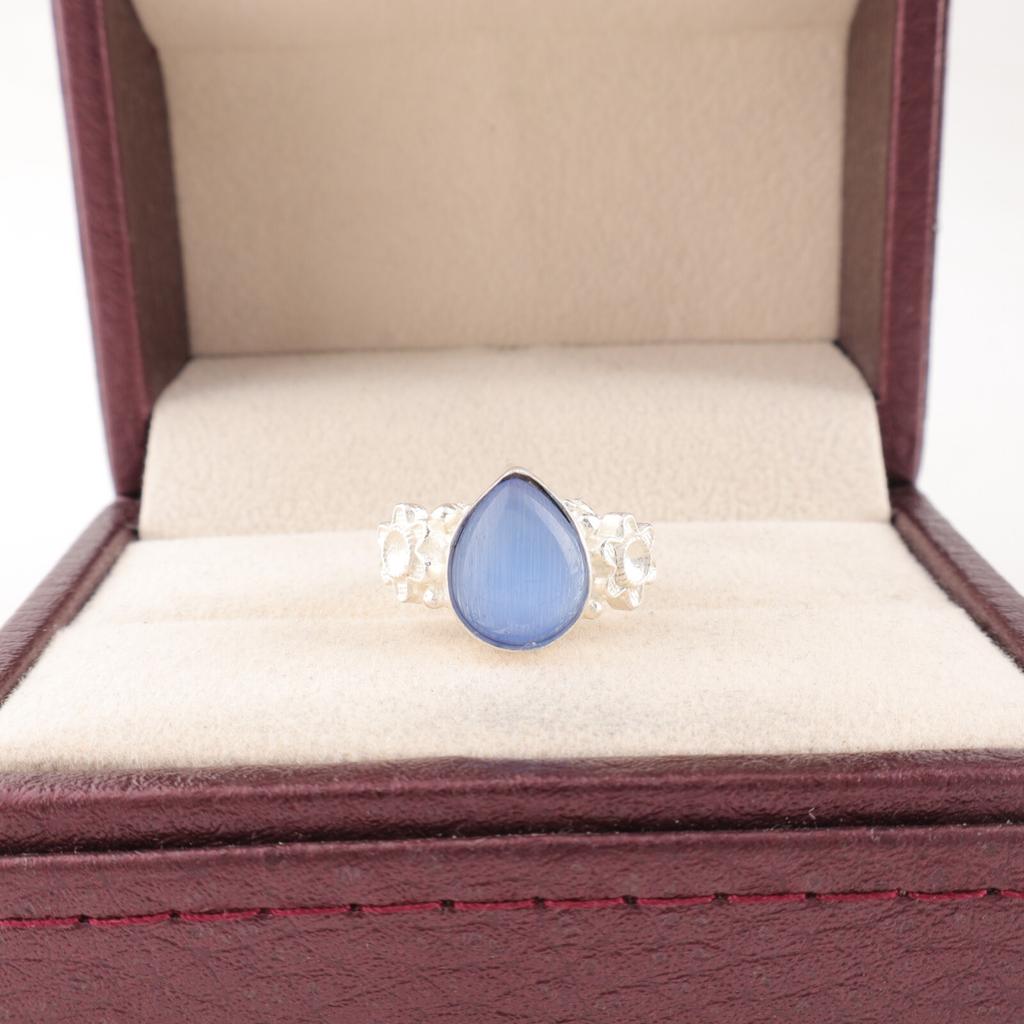 Dark Blue Cat's Eye Gemstone 925 Stamped Silver Jewelry Handmade Pear Shape Ring RR-59-40