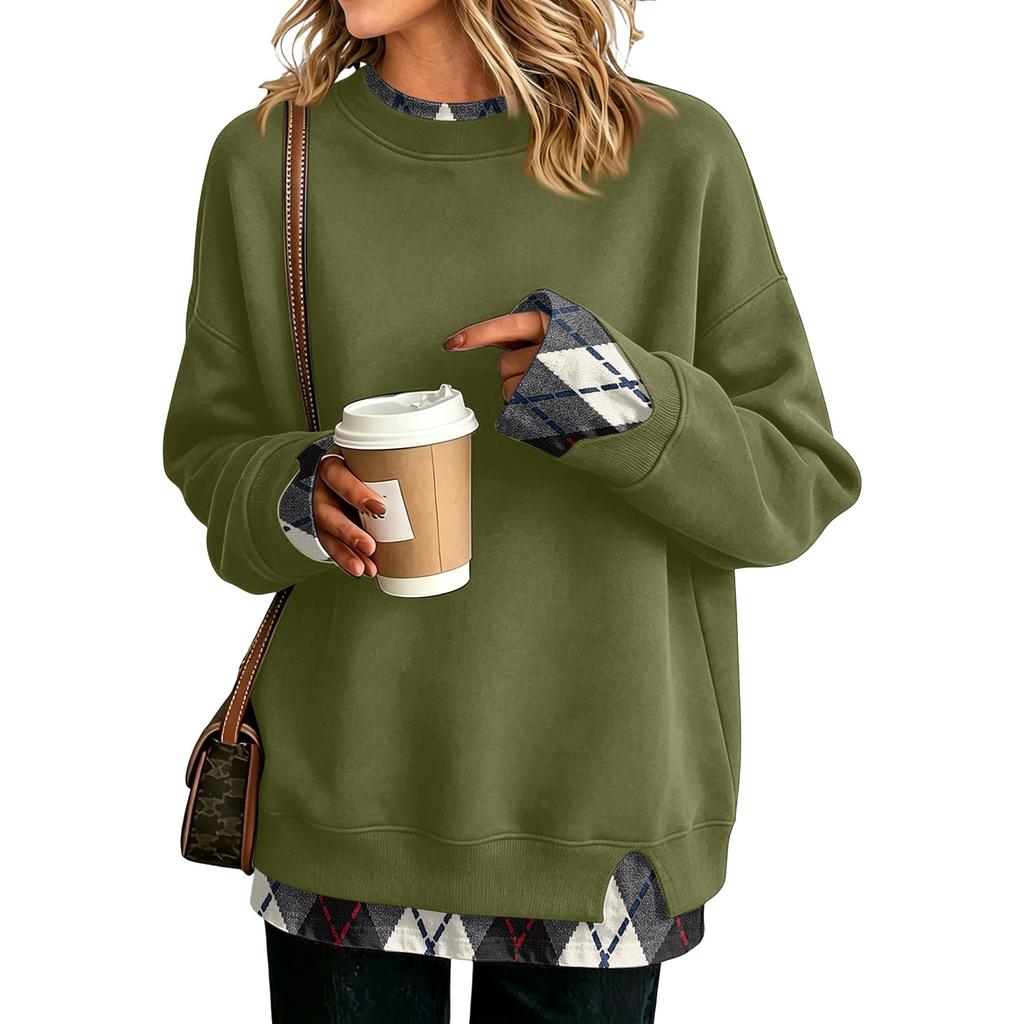 Women's Casual Long Sleeve Loose Fit Sweatshirt with Two-Piece Layer Design