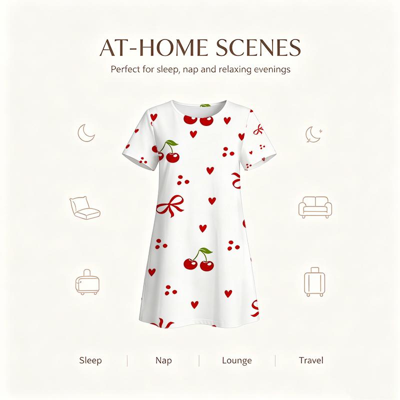 Women Short Sleeve Sleep Dress, Round Neck, Cute Red Cherry, Heart And Bow All Over Print, Lightweight Comfort Home Loungewear