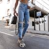 Women Button High Waist Pocket Elastic Hole Jeans Trousers Slim Denim Pants