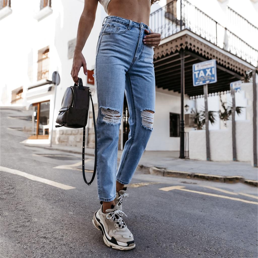 Women Button High Waist Pocket Elastic Hole Jeans Trousers Slim Denim Pants