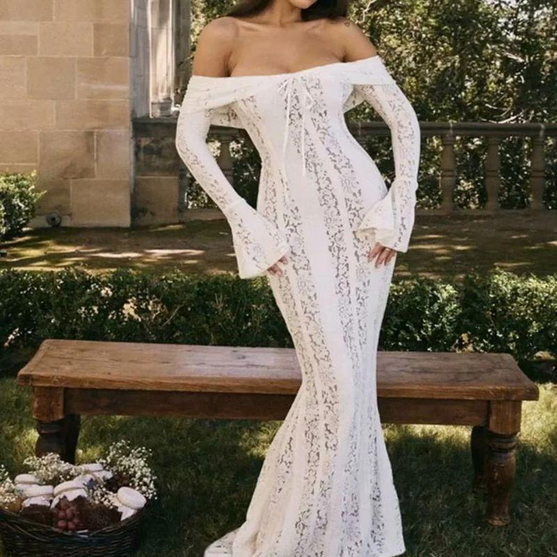 Spring New Women's Clothing Fashion Style French Style Temperament Cut Out off-Shoulder Bow Tie Lace Dress Evening Dress