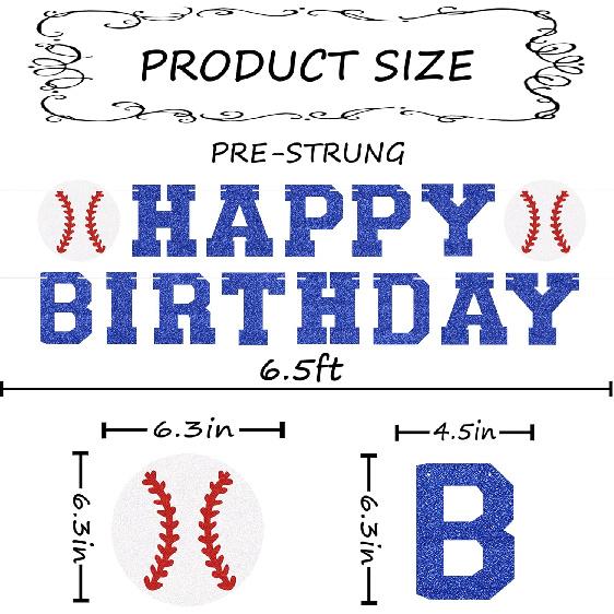 Set of 2 Pre-Strung Baseball Happy Birthday Banner - Blue Glitter Baseball Themed Birthday Party Decorations Supplies for Boys or Girls, Photo Booth
