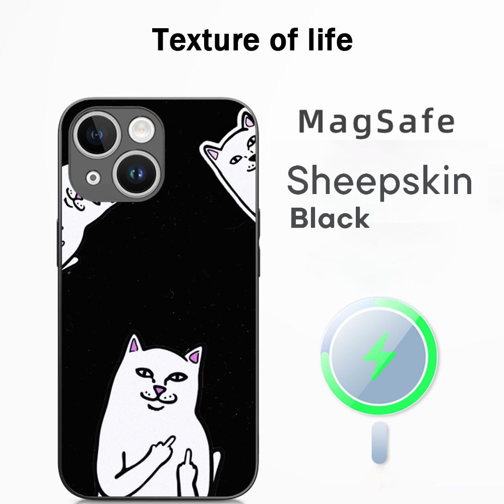 Fashion hip hop middle finger cats ins Phone Case For iPhone 16 15 14 13 12 11 Plus Pro Max  High-end Luxury Magsafe Sheepskin