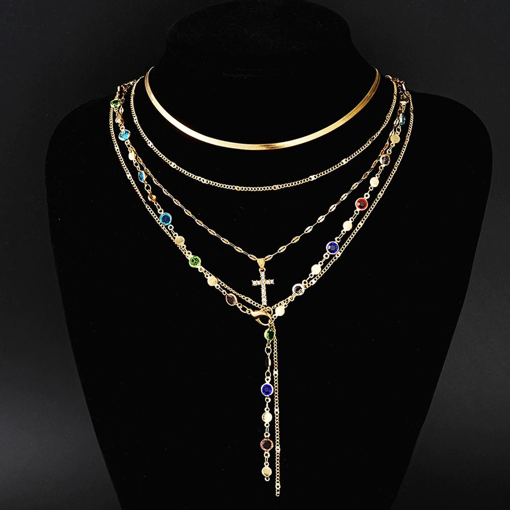 Boho Gold Color Multi-Layer Necklace Set for Women Fashion Zircon Bow Knot Water Drop Heart Pendant Necklaces Jewelry