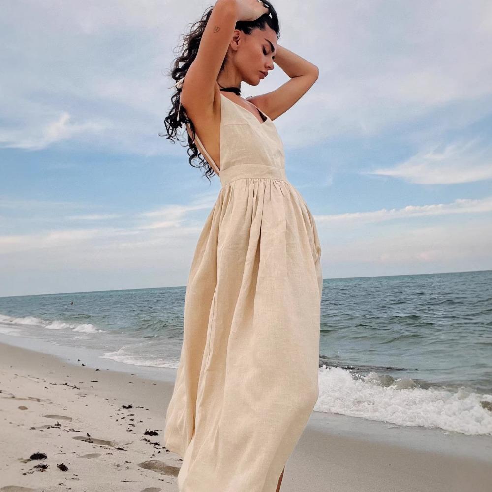 Women's Tie Spaghetti Strap Midi Dress Slim Waist A Line Solid Cotton Vacation Elegant Summer Sundress