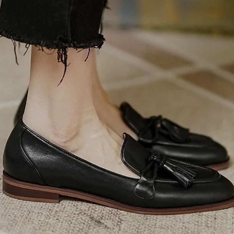 Retro Britischer Stil Quadratischer Kopf Damen Loafer Schuhe Sommer Neuer Stil Quaste Bequem Einzelne Schuhe Damen Braune Schuhe