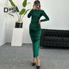 Lady Evening Dress Slim Fit Pleated Bateau Neck Long Sleeve Pure Color Midi Dress Sheath Calf Length Prom Cocktail Party Dress
