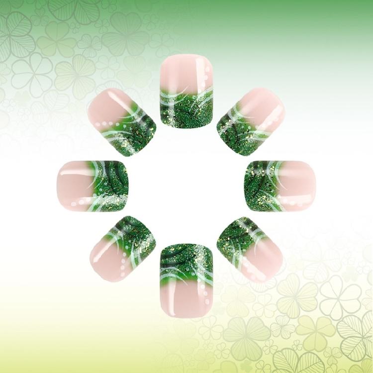 24 Pcs Glossy Stick on Nail Saint Patricks Day False Nail French Tip Press On Nail Shamrocks Artificial Nail