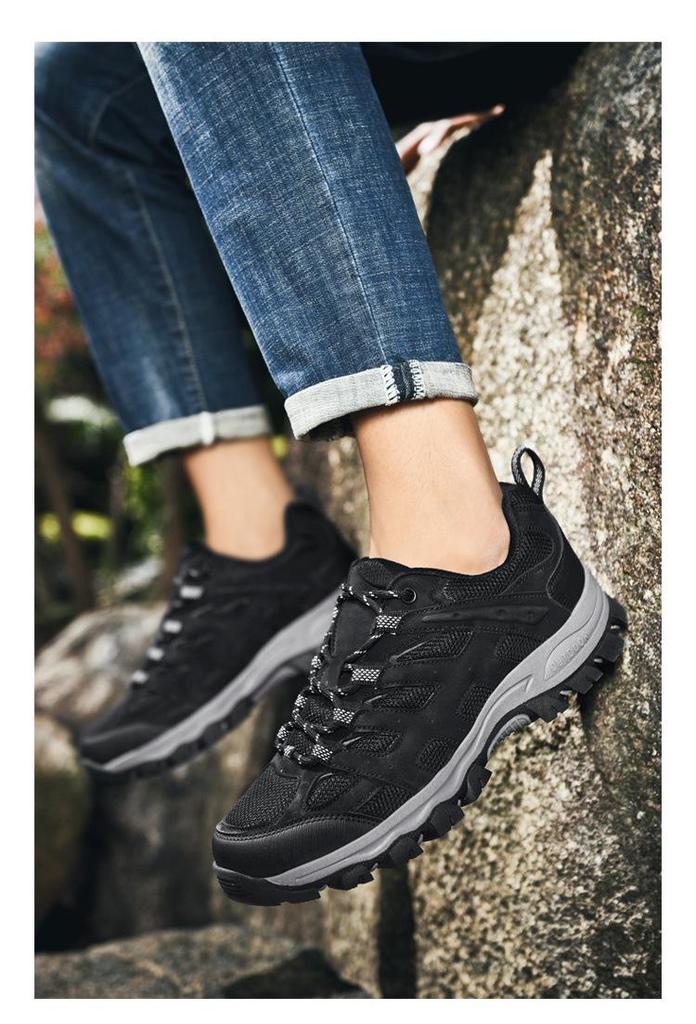Men's Genuine Leather Lightweight Hiking & Walking Shoes, Low-Top Casual Outdoor Footwear
