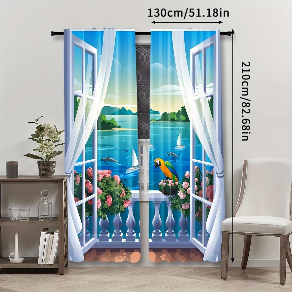 Set Of 2 Coastal Seaside Print Curtains Semi Living Room Bedroom Bathroom Decor Curtain Sheer With Rod Pocket Polyester Ideal For