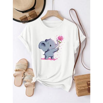 Europese Maat Dames T-shirt met Print, Korte Mouwen, Casual Ronde Hals, Dierenprint, Klein Olifant Ontwerp, Street Style, Normale Pasvorm