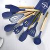 11-Piece Silicone Kitchen Utensil Set with Wooden Handles - Black & Khaki Storage Bucket Included
