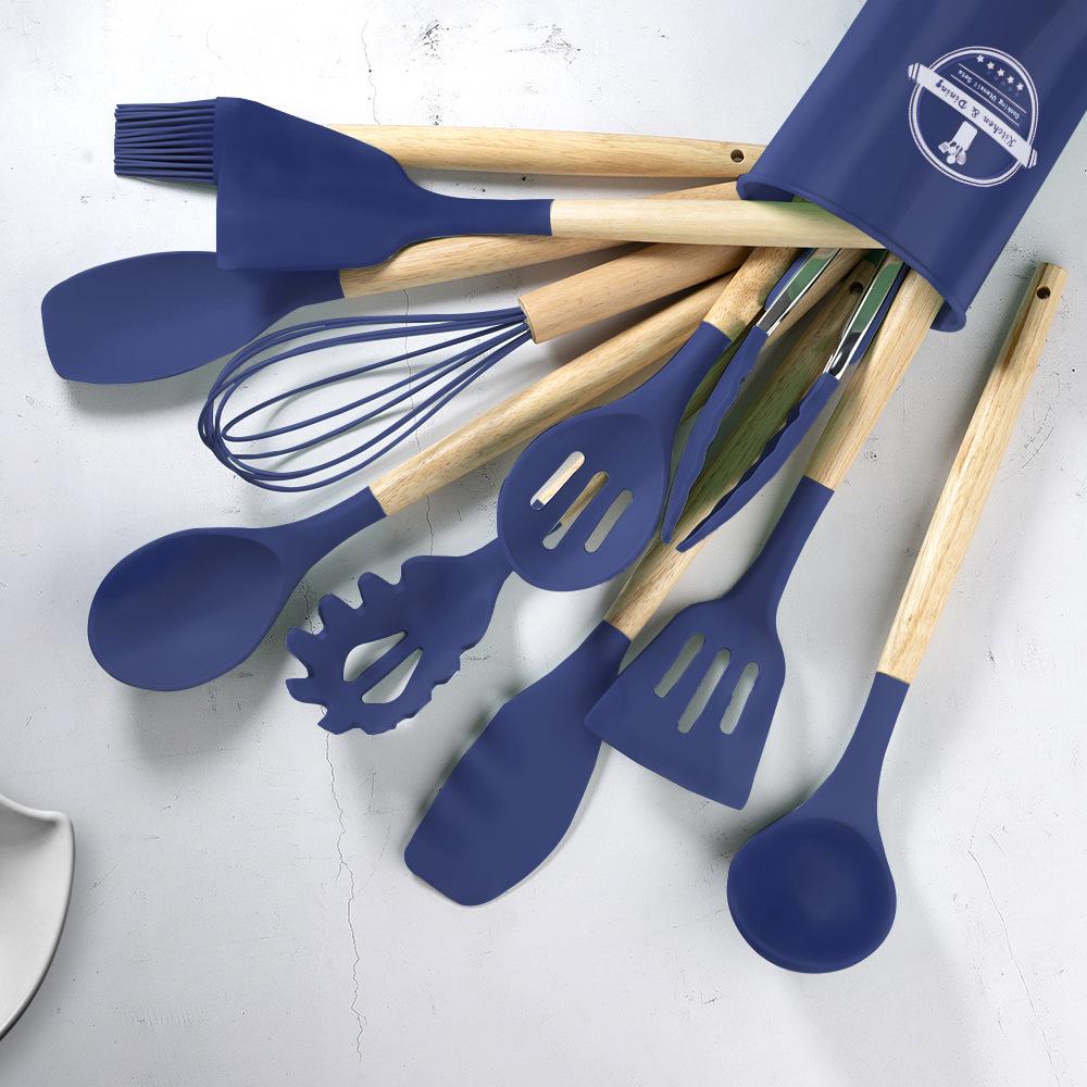 11-Piece Silicone Kitchen Utensil Set with Wooden Handles - Black & Khaki Storage Bucket Included