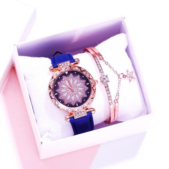 Women Watches Wrist Bracelet Set Starry Sky Ladies Wrist Bracelet Watch Casual Leather Quartz Wristwatch Clock Relogio FemininoCasual Bracelets