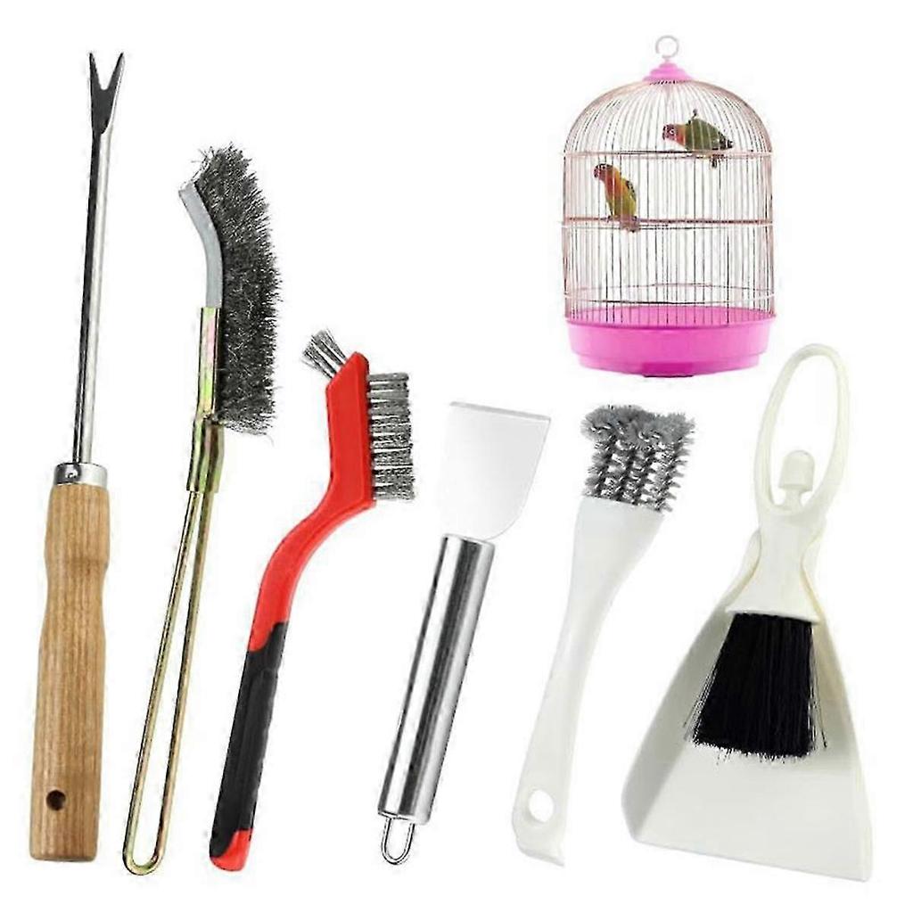 Bird Cage Cleaning Kit: 6 PCS Birdcage Brush Tools Set with Bird Poop Remover Scraper - Birdcage Accessory