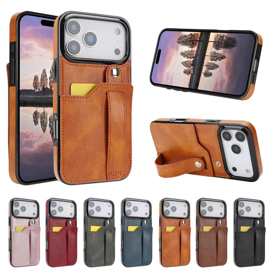 Cards Solt Wallet Wrist Band Leather Case for IPhone 17 16 15 Pro Max 12 13 11 XS X XR 15Plus Bracket Wristband KickStand Cover