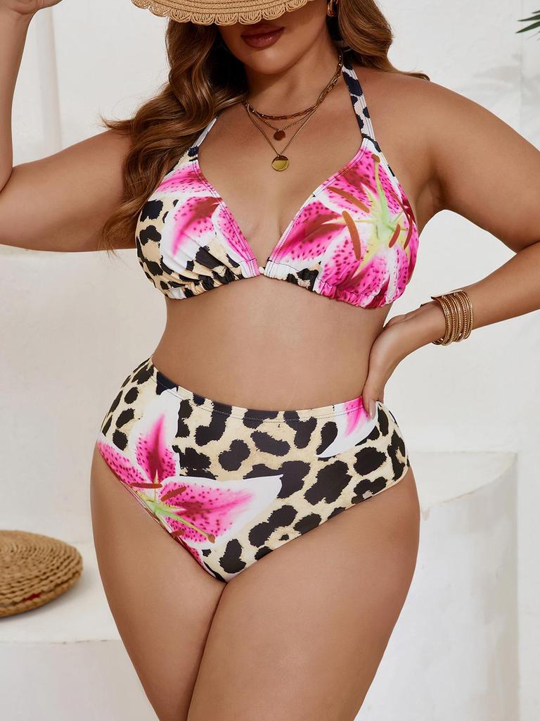 2026 Plus Size Leopard Print Triangle Cup Lace-Up Backless Bikini Set