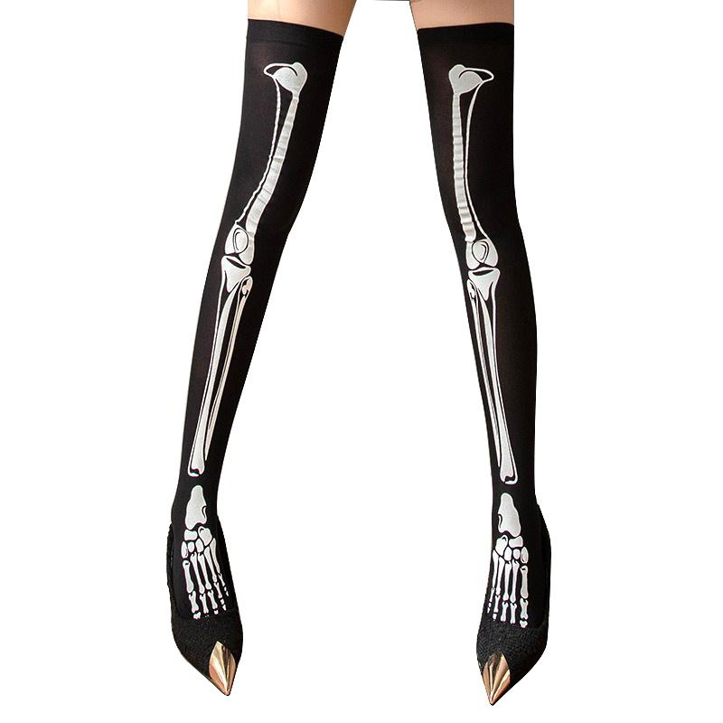 Black Gothic Punk Skeleton Socks Vintage Thin Knee High Non-Slip Over Knee Girls Punk Printing Long Tube Socks Cosplay Halloween