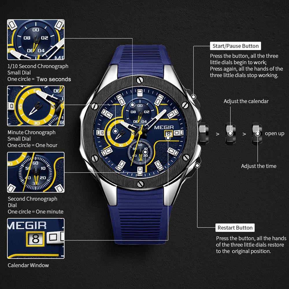 Megir Menn Sport Klokke Vanntett Lysende Kronograf Quartz Army Military Watches Klokke Menn