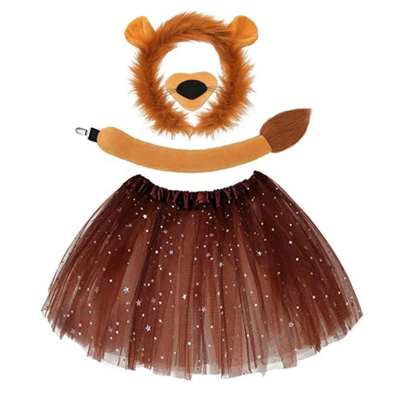 Animal Cosplay Costume for Kid Birthday Cosplay Party, Halloween Lion Dress up Costume, Lion Hairband, Tail, Bowtie