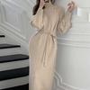 Women's High Neck Long Sleeve Solid Color Knit Dress Straight Fit Casual Style Long Dress
