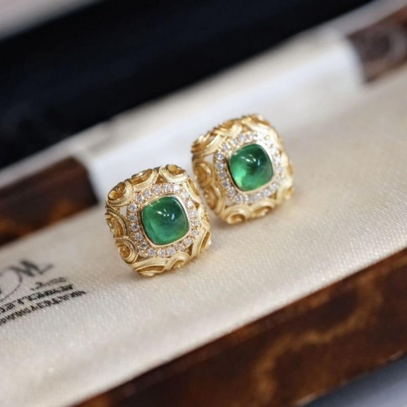 Exquisite Vintage Hand Carved Stud Earrings for Women's Elegant Green Square Chalcedony Ear Stud  Perfect Christmas Gifts