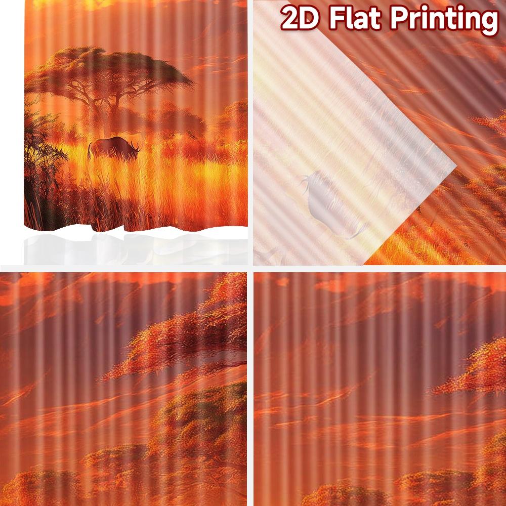 2D Flat Printing 2pcs Curtains African Landscape Kilimanjaro Mountain Elephant Digital Printed Polyester Drapes All Season Party