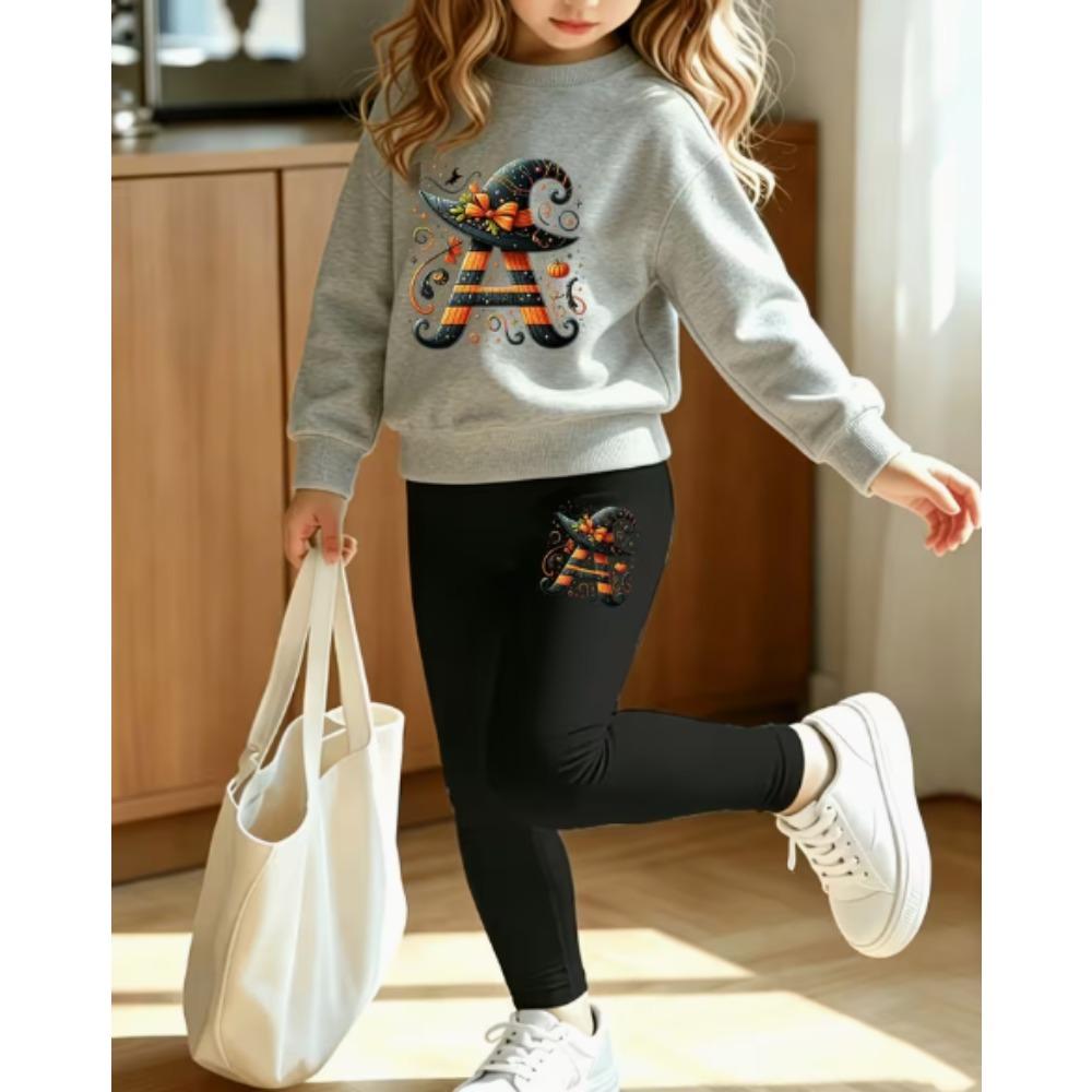 Girls' Halloween Witch Casual Comfortable Soft Loose Pullover Sweatshirt and Leggings 2-Piece Set, New Autumn/Winter, Playful, Sweet and Cool Style