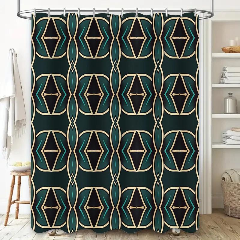 Modern geometric design shower curtain made of waterproof polyester fabric green blue beige pattern for bathroom decor!